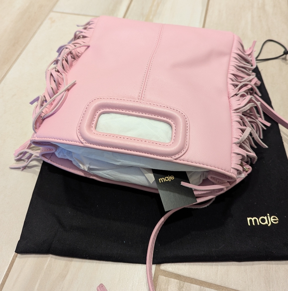 NWT Maje M bag fringe smooth leather rose pink - Picture 9 of 15